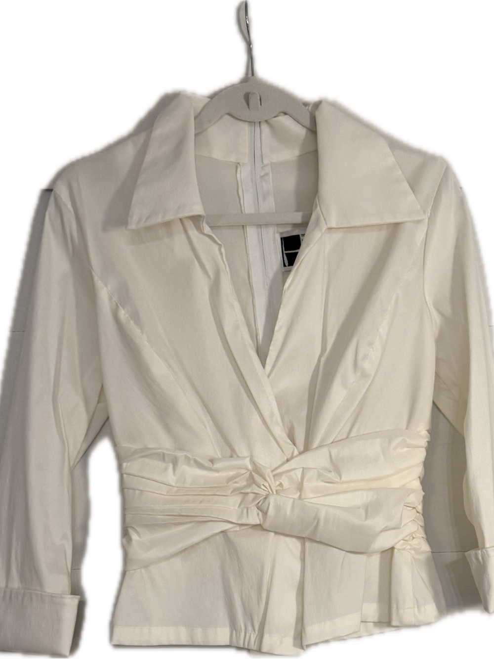 Cream Knot-Waist Wrap Blouse fitted with zip up back